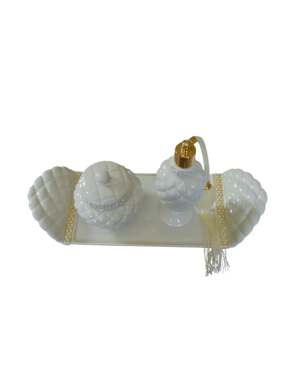 Vintage 1999 Avon Porcelain Vanity 3 Piece Gift Set Quilted Hollywood Regency